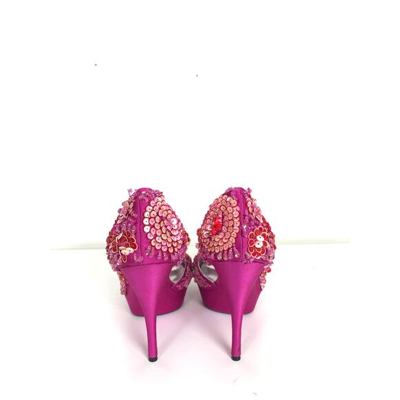 Nina Sadi Fuchsia Flower Sequins Platform High Heel Peep Toe Sandals Size 8 - Picture 7 of 8